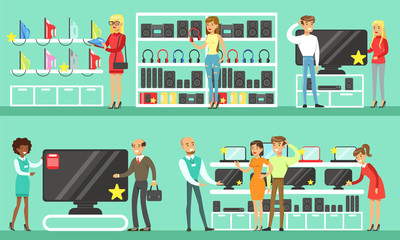 Wall Mural - People Shopping for Household Appliances Set, Men and Women Choosing and Buying Electronics in Store Vector Illustration