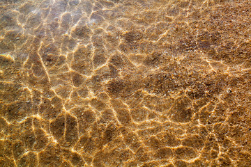 Wall Mural - Golden sand under clear sea water and sunlight glow reflection close up top view, yellow sandy beach coast texture below transparent ocean surface background, abstract natural seaside pattern backdrop
