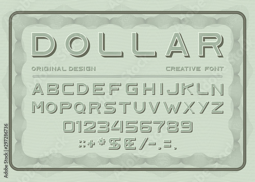 Money font, dollar latin alphabet, numbers and punctuation sans serif in vint...