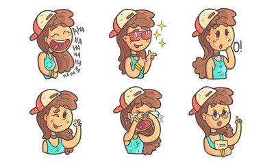 Sticker - Cute Teenage Girl in Baseball Cap with Different Facial Expressions Set Vector Illustration