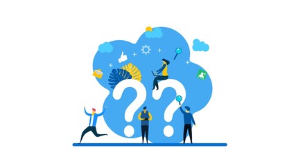 Wall Mural - FAQ and QnA.people asking to online support center with Tiny People Character Concept Vector Illustration, Suitable For web landing page,Wallpaper, Background, Card, banner,Book Illustration