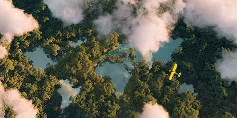 Sustainable habitat world concept. Distant aerial view of a dense rainforest vegetation with lakes in a shape of world continents, clouds and one small yellow airplane. 3d rendering.