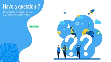 Wall Mural - FAQ and QnA.people asking to online support center with Tiny People Character Concept Vector Illustration, Suitable For web landing page,Wallpaper, Background, Card, banner,Book Illustration