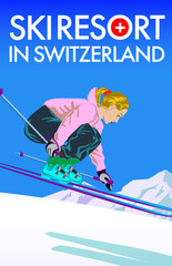 Wall Mural - Poster for ski resort in Switzerland. Cartoon style girl character in mountain. Vector illustration.