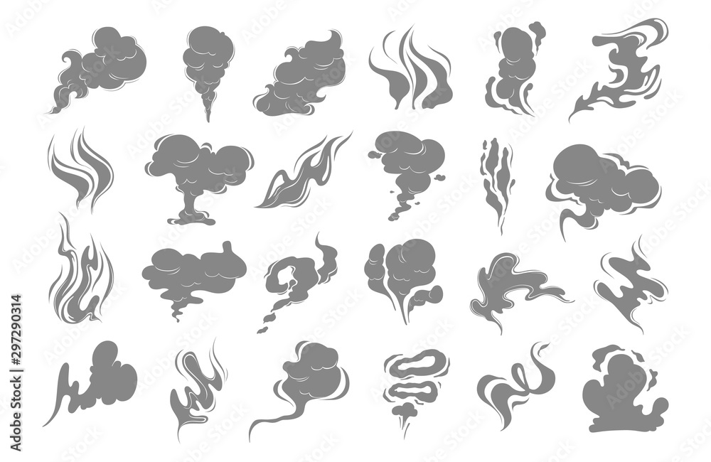 Smoke clouds silhouettes. Vector vapour icons set. Steam illustration. Steam and vapour, smoke and gas smell cloud - obrazy, fototapety, plakaty 