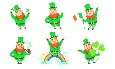 Wall Mural - Smiling Leprechauns Set, Funny St Patricks Day Cartoon Character in Different Situations Vector Illustration