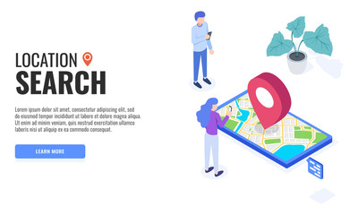 Poster - People are searching for locations through navigation apps. Web banner. Isometric vector illustration.