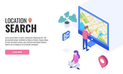 Poster - People are searching for locations through navigation apps. Web banner. Isometric vector illustration.