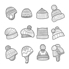 Wall Mural - winter hat. cold season clothes warm ears flapping vector doodle pictures. illustration hat winter k