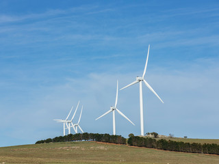 Wall Mural - an array of large wind turbines moving to create kinetic energy for renewable energy supply on a sun