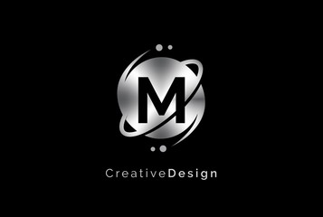 Wall Mural - Minimalist initial logo with planet orbit with metal effect logo template