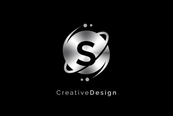 Wall Mural - minimalist initial logo with planet orbit with metal effect logo template