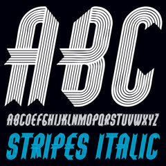 Poster - Vector trendy capital alphabet letters, abc collection. Retro bold italic condensed type font, script from a to z best for use in logotype creation. Made with stripy decoration.