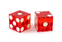 Two Red Professional Game Dice Closeup Isolated On A White Background / One And Two With A Light Shadow.