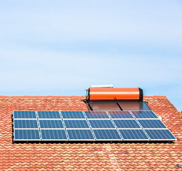 Wall Mural - view of rooftop solar power panels for clean, free and renewable energy supply in australian homes