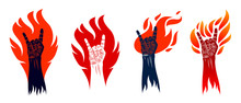 Rock Hand Sign On Fire Set, Hot Music Rock And Roll Gesture In Flames, Hard Rock Festival Concert Or Club, Vector Labels Emblems Or Logos, Musical Instruments Shop Or Recording Studio.