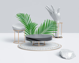 Poster - Podium product display background, gold and white stones and palm leaves, fashion concept, abstract round pedestal, blank space and hand sculpture,  3d rendering.