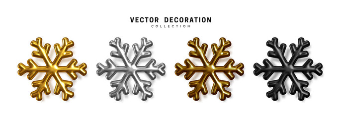 Poster - Set of vector 3d snowflakes, golden, silver, brown, black colors