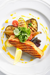 Wall Mural - Grilled Salmon Steak or Red Fish Fillet Bbq Isolated on White