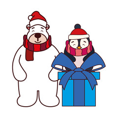 Sticker - polar bear and penguin with gift box on white background