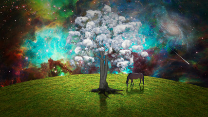 Wall Mural - Peaceful Landscape. Horse grazes near clouds tree