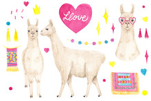 Llama Or Alpaca In Love In A Heart-shaped Glasses And Pink Hearts. Valentine's Day Set. Watercolor Hand Drawn Elements Isolated On White Background. Perfect For Wedding,baby Shower,  Birthday.