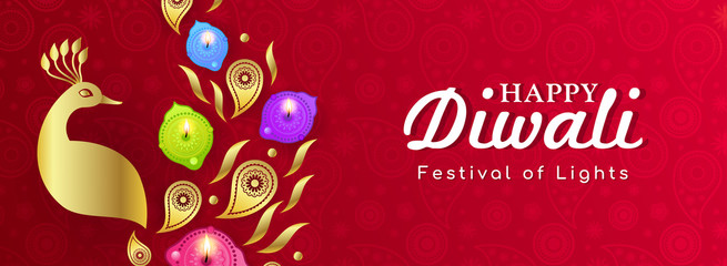 Wall Mural - Happy Diwali (Festival of light) Banner Vector design. Beautiful Diwali peacock diya (oil lamp) on red pattern background