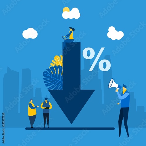 percent presses down arrow, percent drop with Tiny People Character Concept Vector Illustration, Suitable For web landing page,Wallpaper, Background, Card, banner,Book Illustration