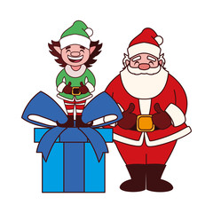 Canvas Print - santa claus and elf with gift box on white background