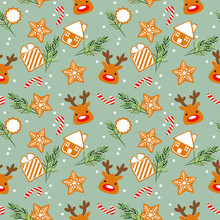 Cute Christmas Cookie And Christmas Tree Seamless Pattern.