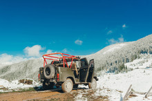 Mountain Landscape Of Carpathian Mountains With Large Jeep