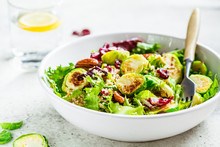 Fried Brussels Sprouts Salad With Quinoa, Cranberries And Nuts In White Bowl. Healthy Vegan Food Concept.
