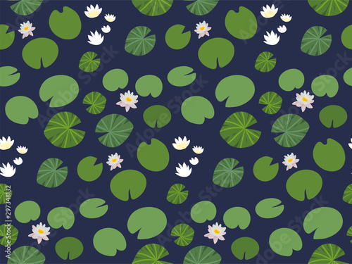 Fotografía Seamless pattern with little green Lily pads and white Lotus flowers on a dark background