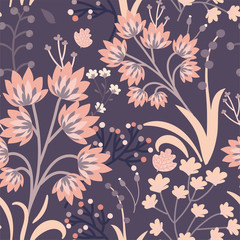 Wall Mural - Seamless vector floral print. Decorative vintage pattern in classic style with flowers and twigs. Two tone ornament with different plants on smoky violet background. Aristocratic muted color palette.