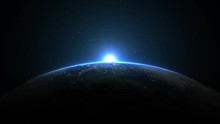 Sunrise Over Earth As Seen From Space. With Stars Background. 3d Realistic Animation 4k