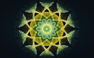 Aufkleber - fantastic abstract symmetrical flower with petals consisting of a variety of geometric shapes of different colors on a black background