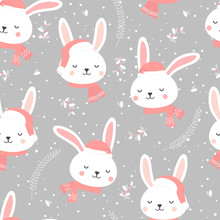 Christmas Seamless Pattern With Bunny Background, Winter Pattern With White Rabbit, Wrapping Paper, Pattern Fills, Winter Greetings, Web Page Background, Christmas And New Year Greeting Cards