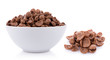 chocolate cereals in white bowl on white background. Cornflakes