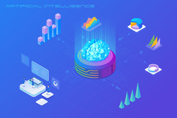 Poster - artificial intelligence ai analyses big data isometric flat vector illustration concept.