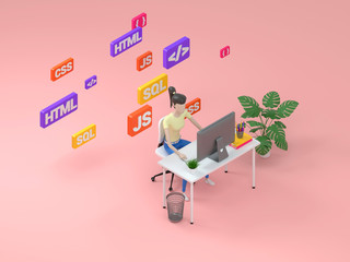 Woman web developer working on freelance. Isometric illustration icon with web development for concept design. 3d render.