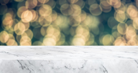 Aufkleber - marble table top with abstract blur christmas tree with decor string light background with bokeh light,winter Holiday backdrop,Mock up banner for display of product or promotion