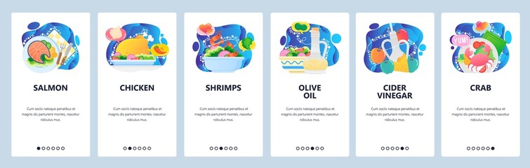 Mobile app onboarding screens. Seafood restaurant menu, lunch meal, salmon, crab, shrimps. Vector banner template for website and mobile development. Web site design flat illustration.