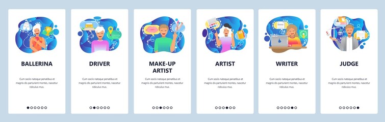 Mobile app onboarding screens. Different occupations, poeple, job, professions, workers. Menu vector banner template for website and mobile development. Web site design flat illustration