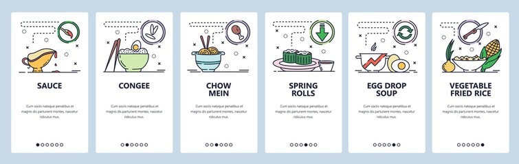 Mobile app onboarding screens. Asian and thai cuisine, cognee, spring rolls, fried rice. Menu vector banner template for website and mobile development. Web site design flat illustration