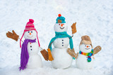 Fototapeta Tęcza - Winter time scene. Snowmen. Christmas background with snowman. Christmas snowman close up with scarf. Snowman in snow forest.