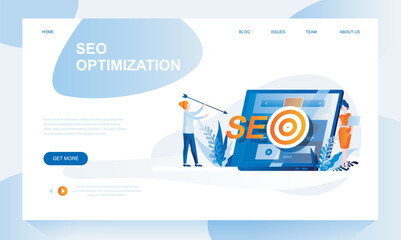 Seo optimization vector landing page template with header. Internet promotion strategy web banner, homepage design with flat illustrations
