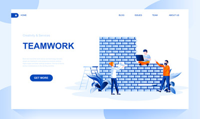 Teamwork flat landing page template with header. Business partnership web banner, homepage design. Staff cooperation vector illustration