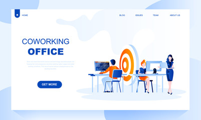 Coworking office flat landing page template with header. Company staff workspace web banner, homepage design. Partnership, collaboration vector illustration