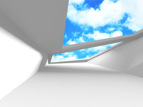 Futuristic White Architecture Design on Cloudy Sky Background
