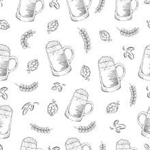 Hand Drawn Seamless Beer Pattern. Doodle Style Seamless Pattern With Beer, Hop And Wheat On White Background.